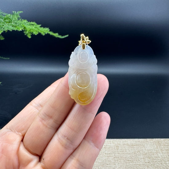 18K Yellow Gold Burmese Icy Yellow Jadeite Jade Happy Buddha Pendant
