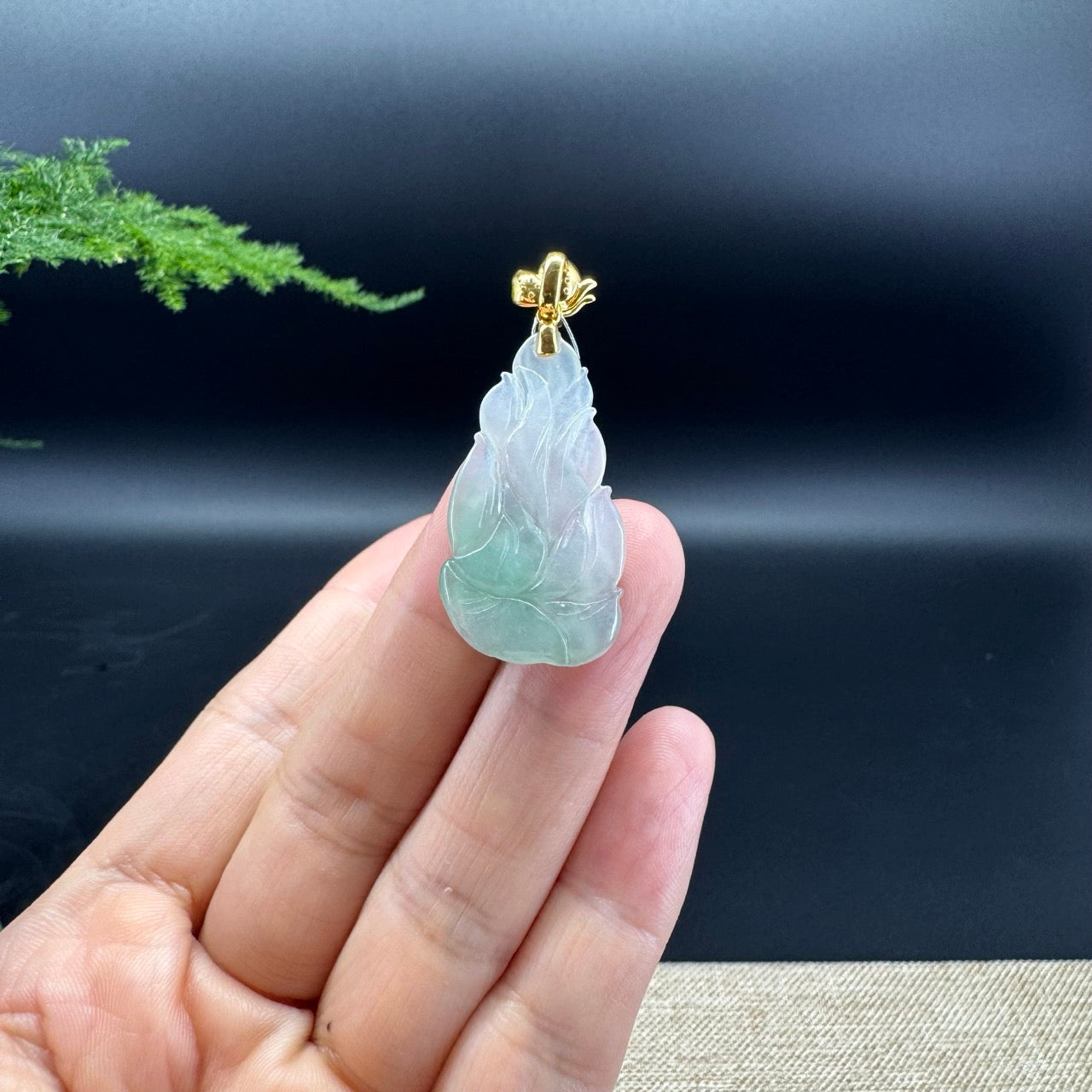 Genuine Icy Green Jadeite Jade Nine-Tailed Fox Necklace With 18K Yellow Gold  Diamonds Bail