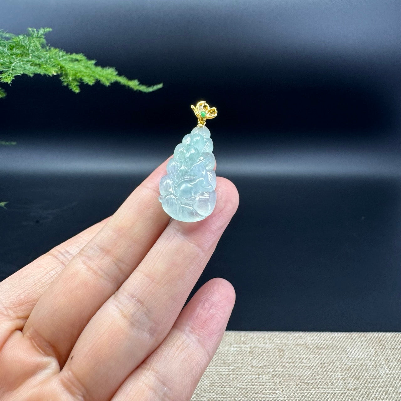 RealJade® Co. Genuine Icy Green Jadeite Jade Nine-Tailed Fox Necklace With 18K Yellow Gold Diamonds Bail