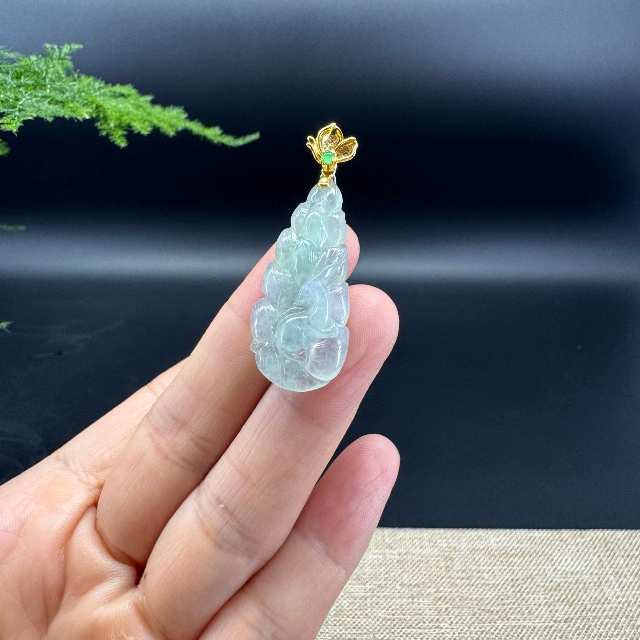 RealJade® Co. Genuine Icy Green Jadeite Jade Nine-Tailed Fox Necklace With 18K Yellow Gold Diamonds Bail