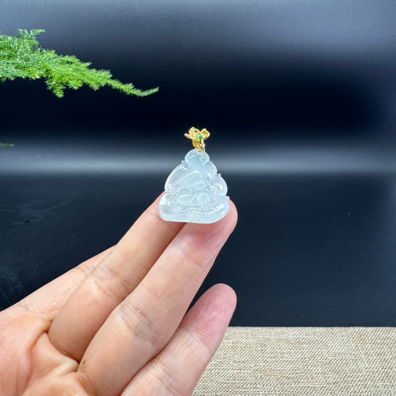 Genuine Icy Green Jadeite Jade Nine-Tailed Fox Necklace With 18K Yellow Gold Diamonds Bail