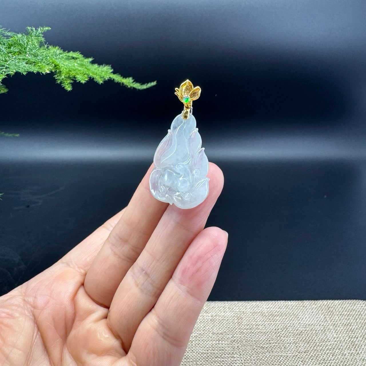 Genuine Icy Green Jadeite Jade Nine-Tailed Fox Necklace With 18K Yellow Gold Diamonds Bail