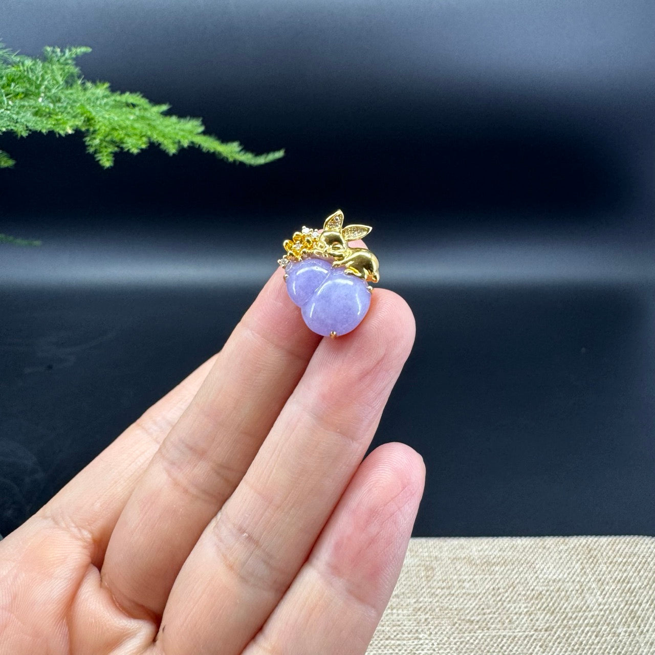 Genuine Lavender Jadeite Jade Good Luck Hulu Bottle Gourd Necklace With 18K Yellow Gold With Diamonds Bail