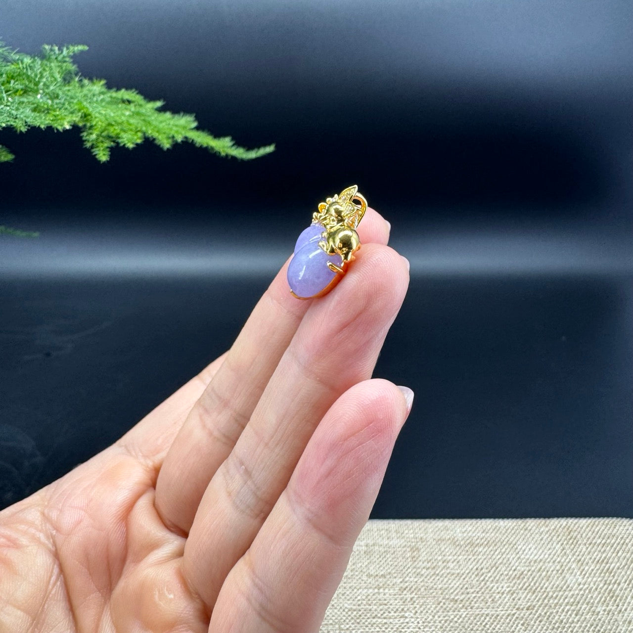 Genuine Lavender Jadeite Jade Good Luck Hulu Bottle Gourd Necklace With 18K Yellow Gold With Diamonds Bail