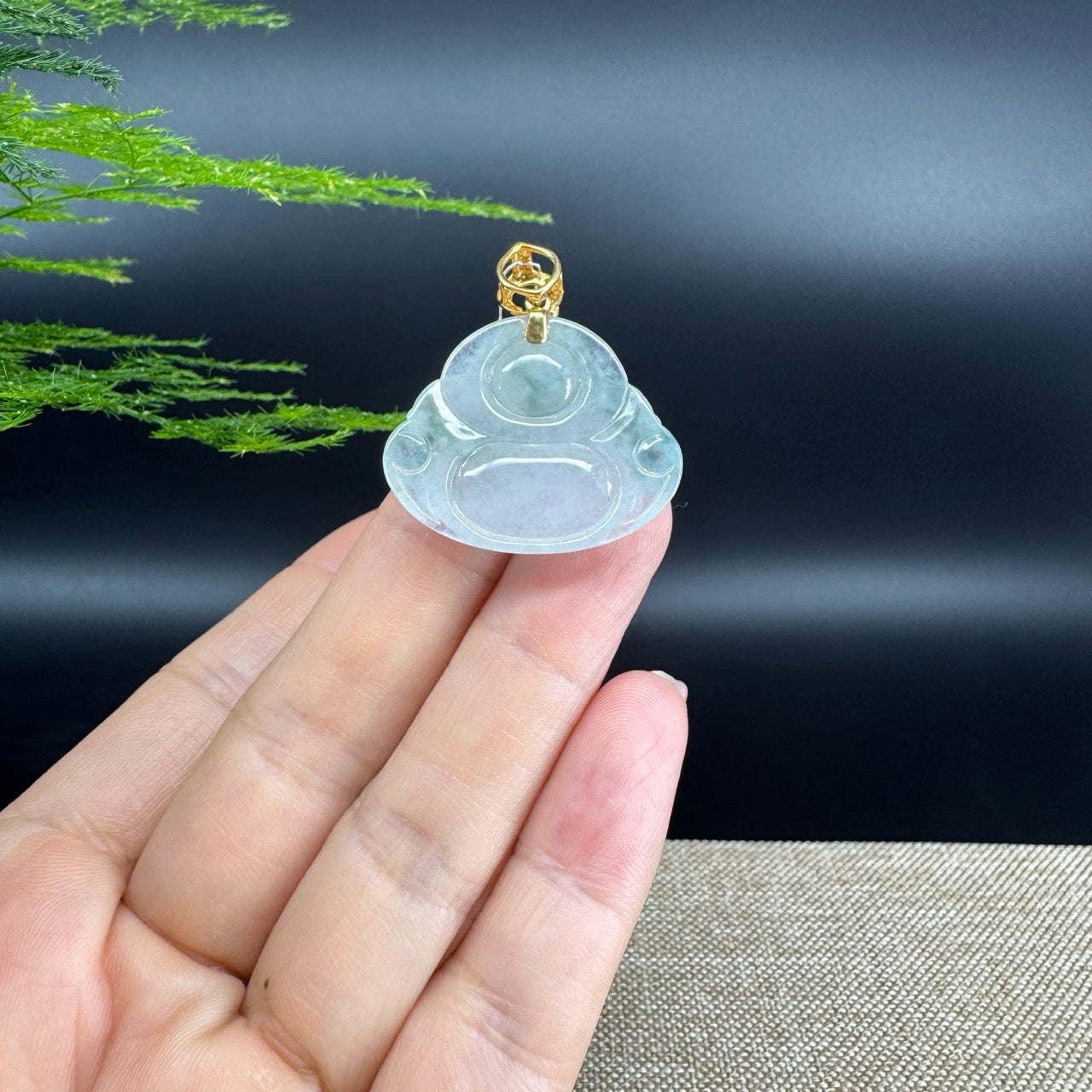 18K Yellow Gold Burmese Icy Green Jadeite Jade Happy Buddha Pendant