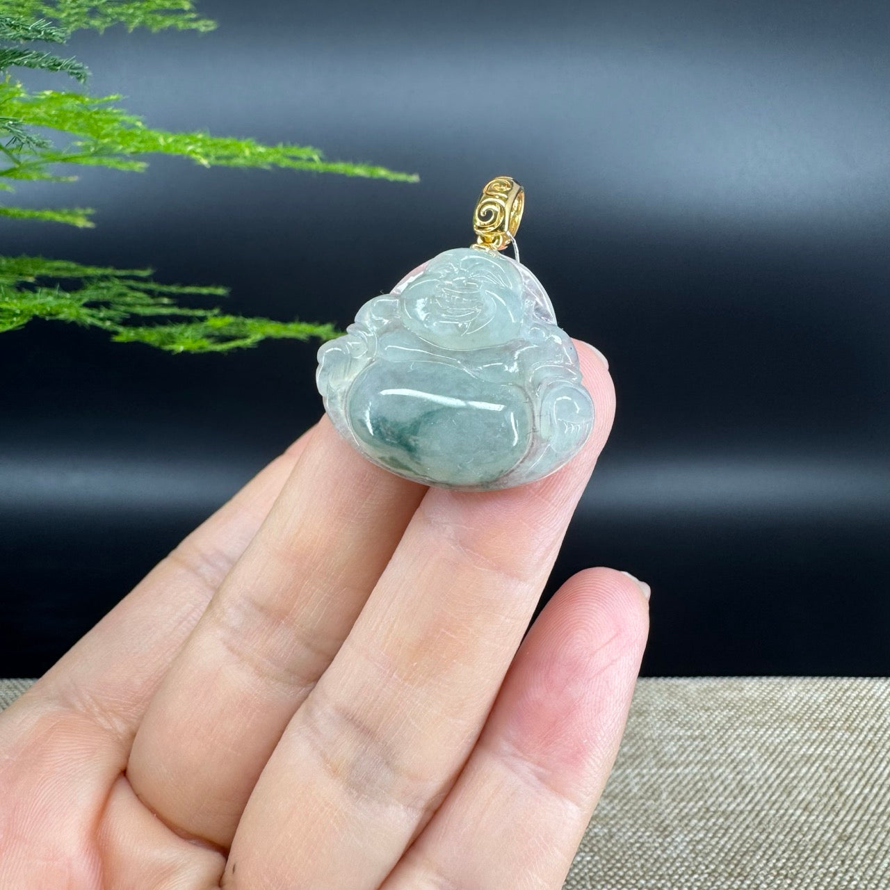 18K Yellow Gold Burmese Icy Green Jadeite Jade Happy Buddha Pendant
