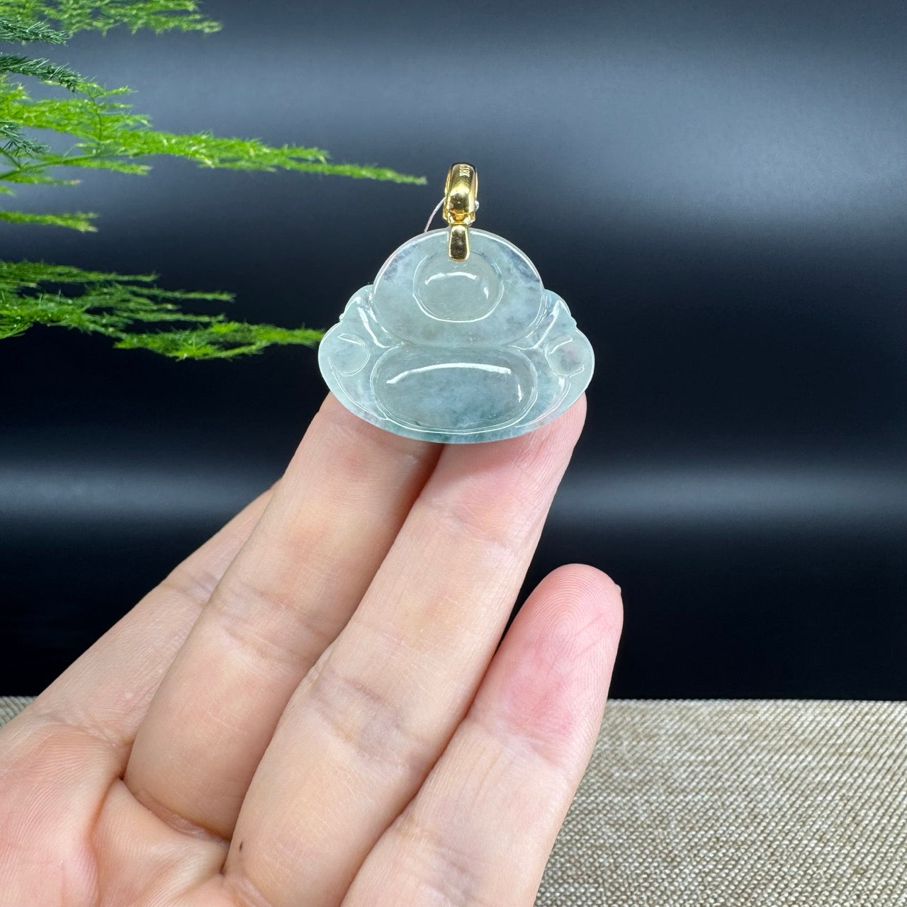 18K Yellow Gold Burmese Icy Green Jadeite Jade Happy Buddha Pendant