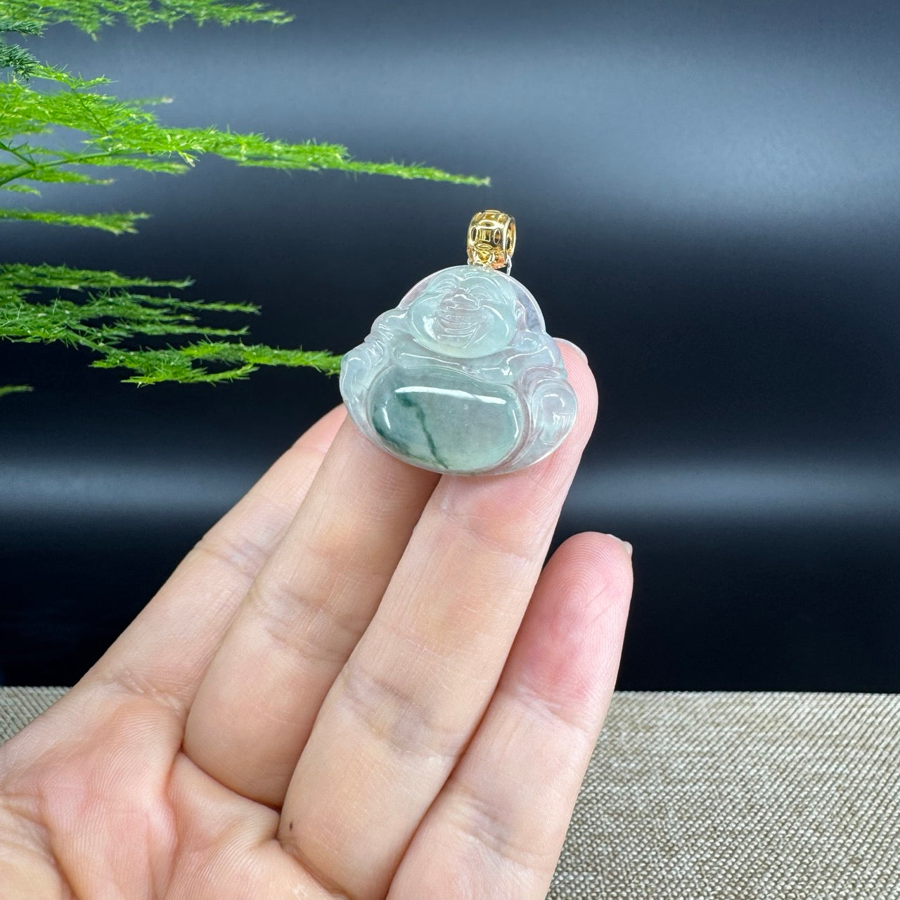 18K Yellow Gold Burmese Icy Green Jadeite Jade Happy Buddha Pendant