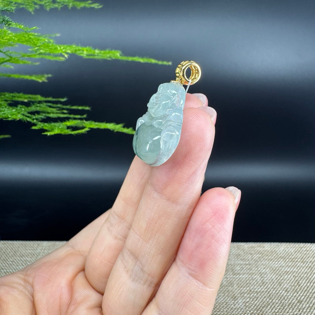 18K Yellow Gold Burmese Icy Green Jadeite Jade Happy Buddha Pendant
