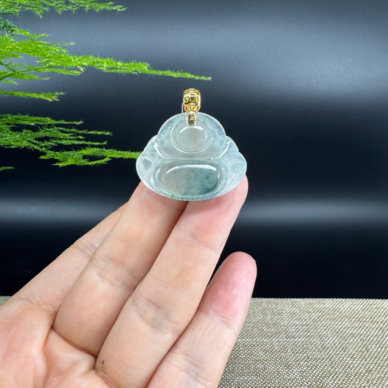 18K Yellow Gold Burmese Icy Green Jadeite Jade Happy Buddha Pendant