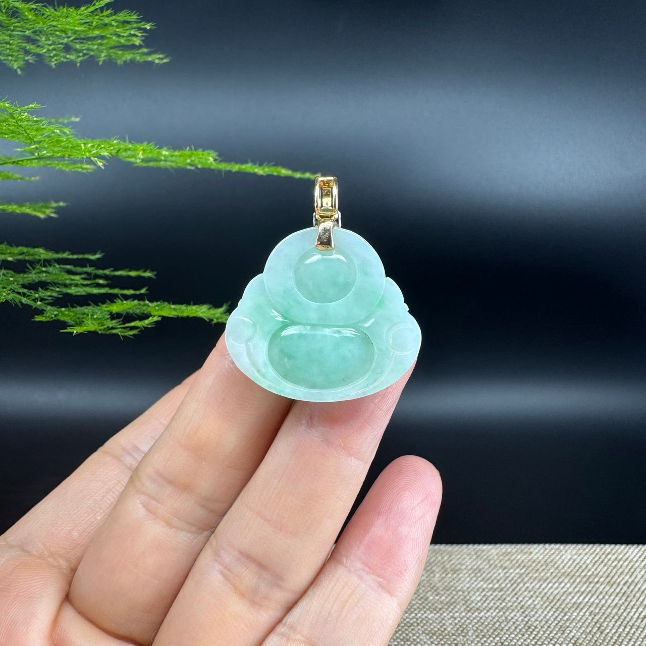 18K Yellow Gold Burmese Green Jadeite Jade Happy Buddha Pendant