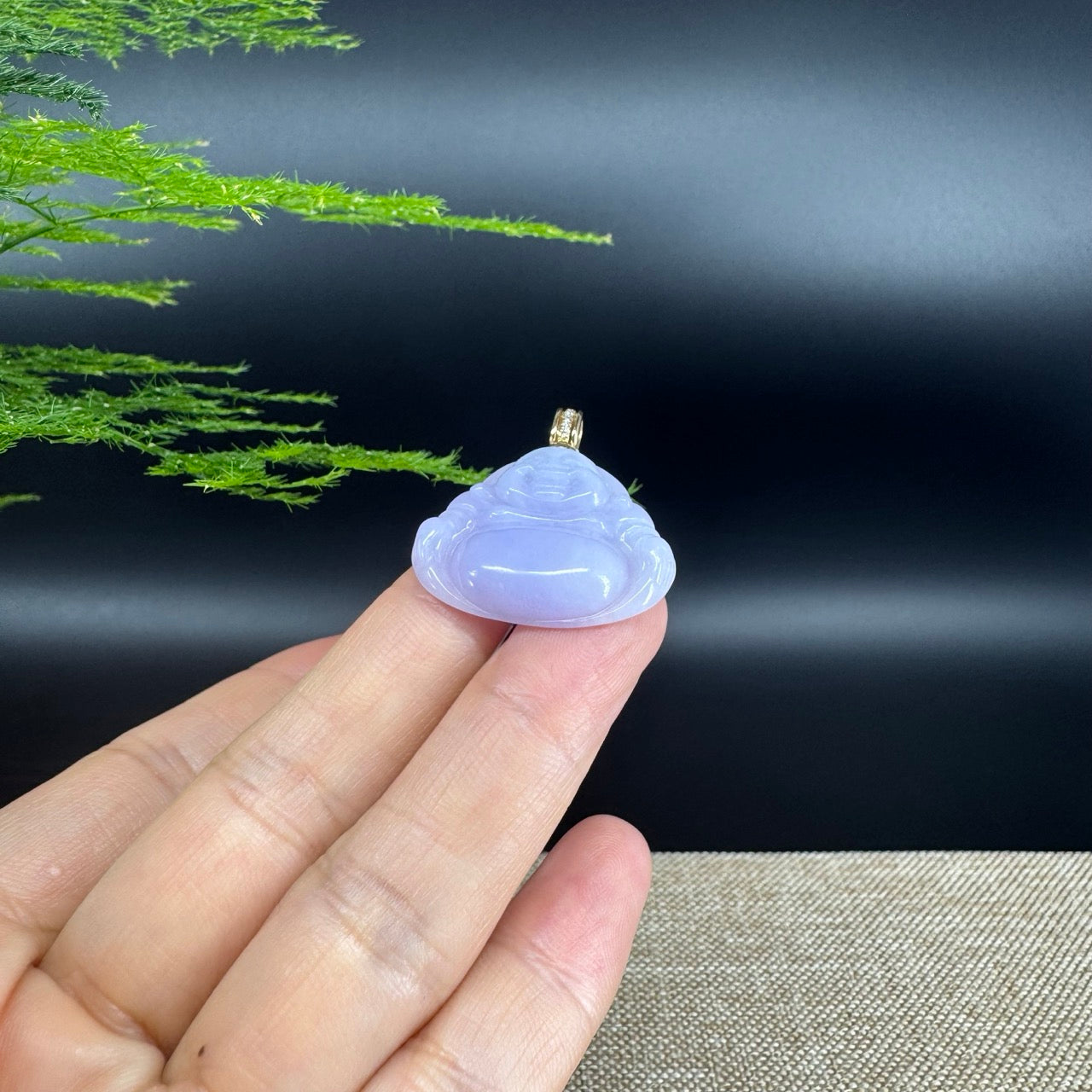 18K Yellow Gold Burmese Lavender Jadeite Jade Happy Buddha Pendant