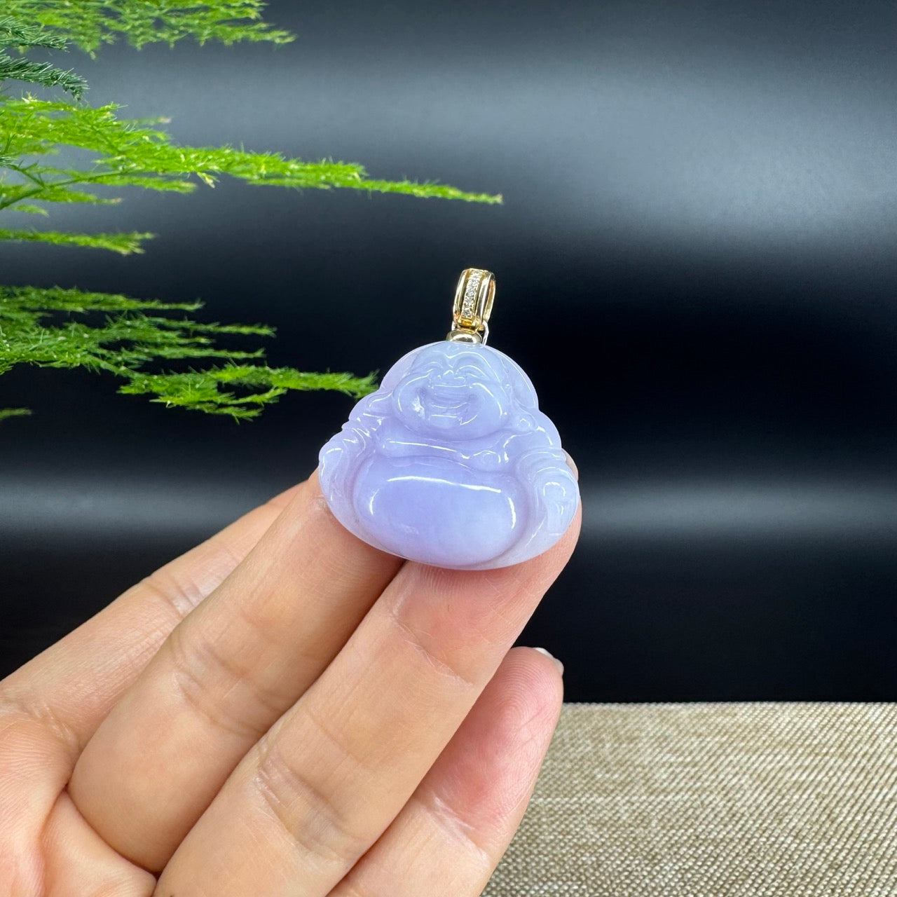18K Yellow Gold Burmese Lavender Jadeite Jade Happy Buddha Pendant
