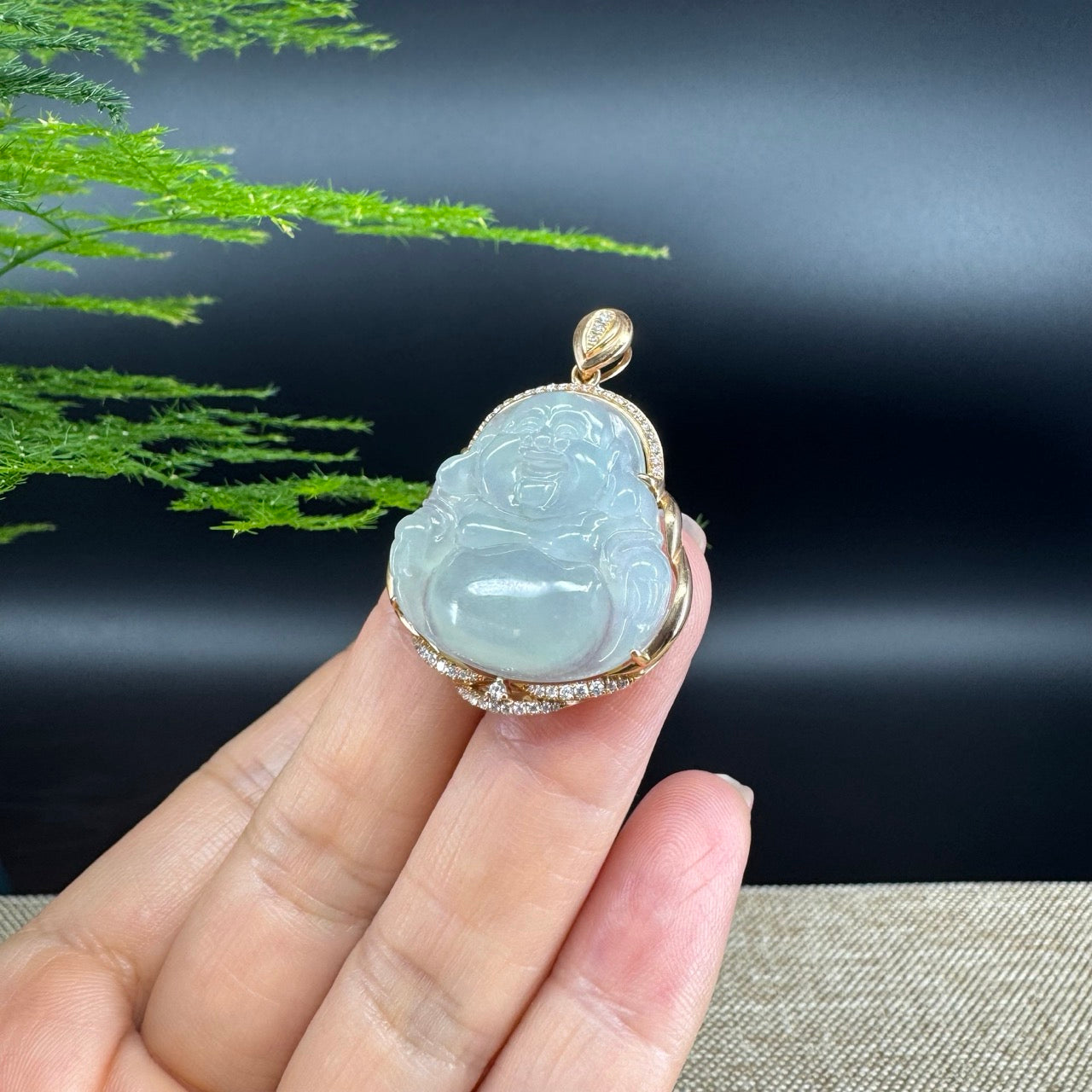 RealJade® "Laughing Buddha" 18k Rose Gold Genuine Ice Jadeite Jade Pendant