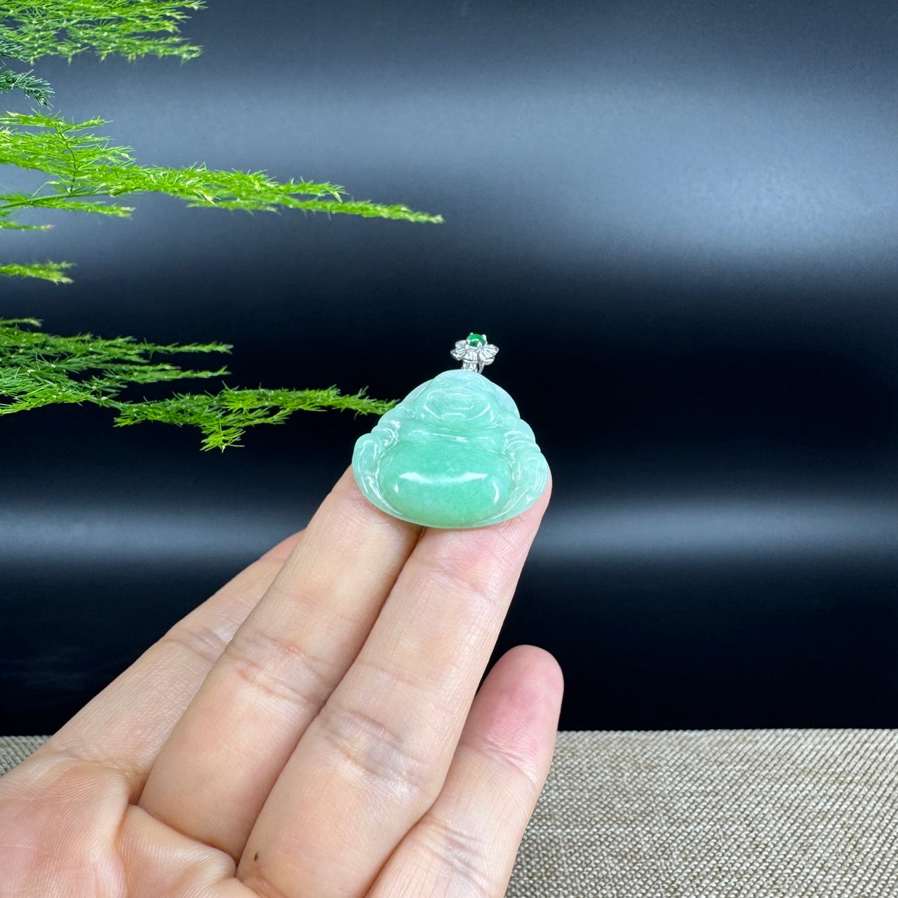 18K White Gold Burmese Green Jadeite Jade Happy Buddha Pendant