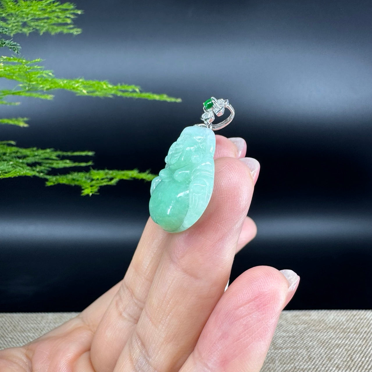 18K White Gold Burmese Green Jadeite Jade Happy Buddha Pendant