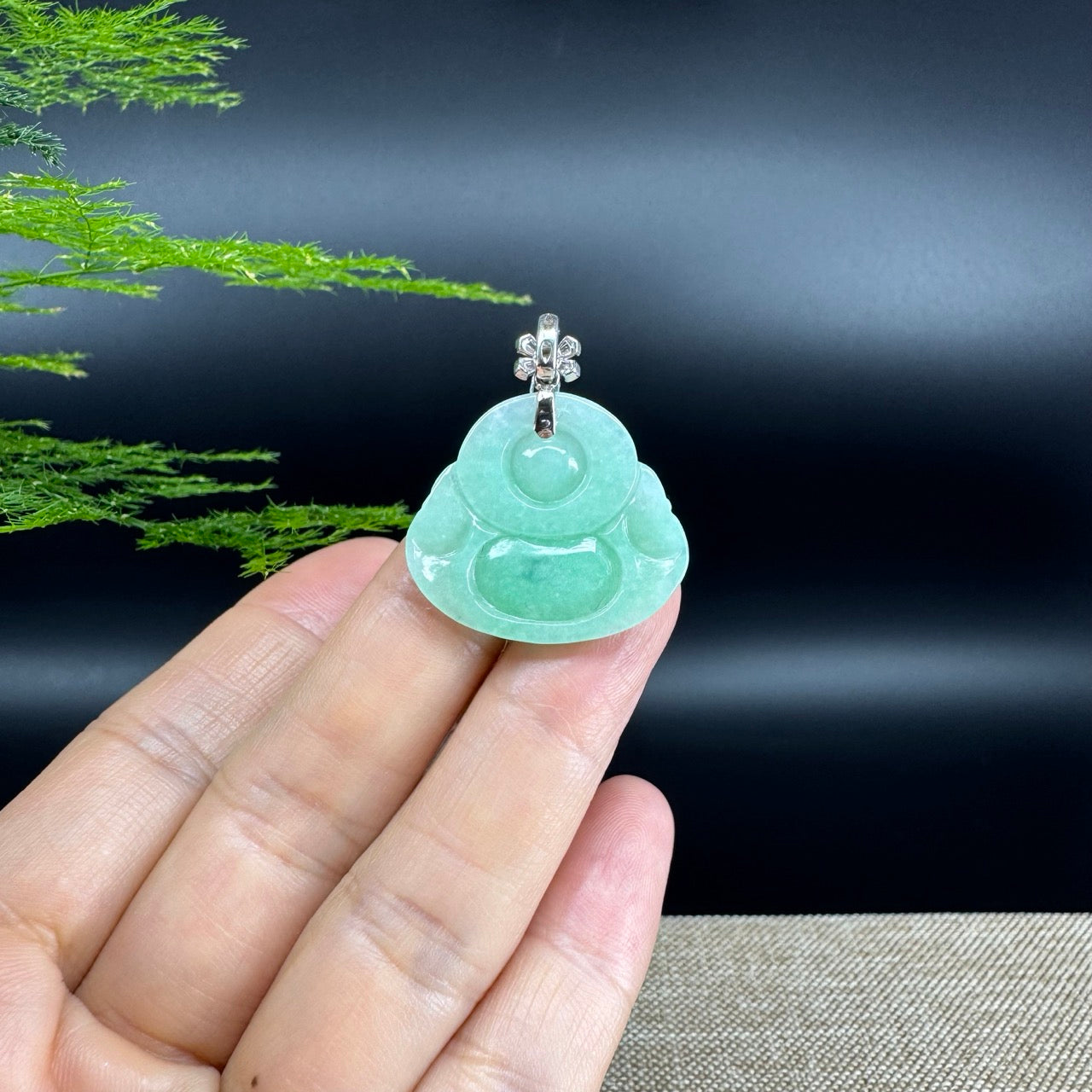 18K White Gold Burmese Green Jadeite Jade Happy Buddha Pendant