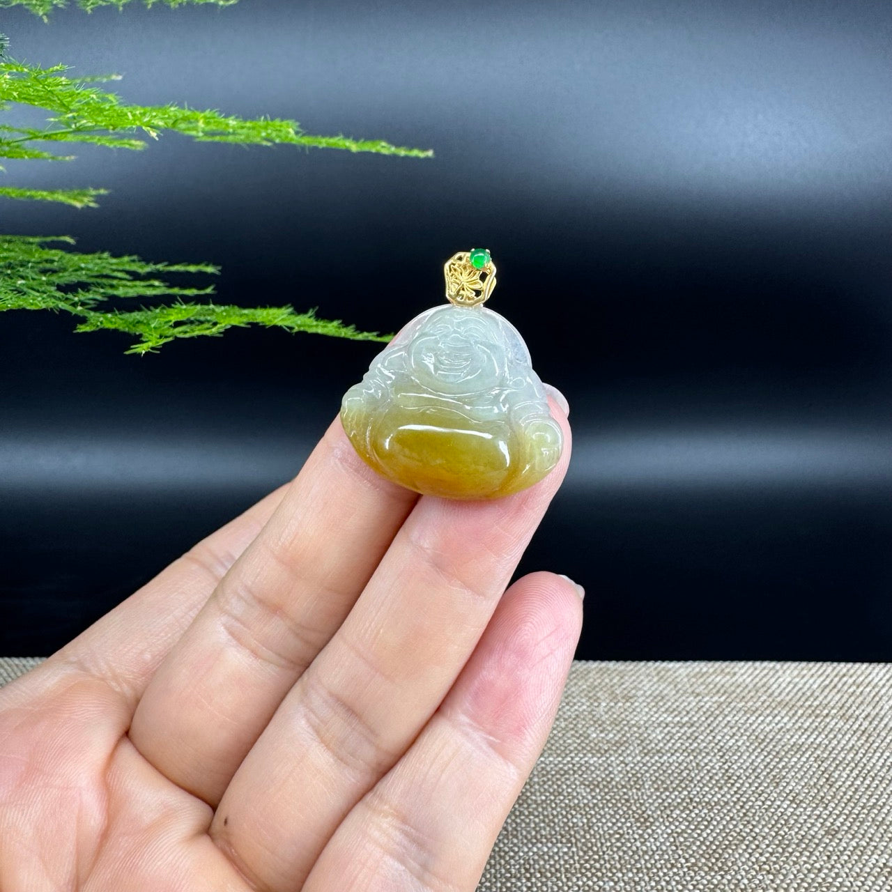 18K Yellow Gold Burmese Yellow Jadeite Jade Happy Buddha Pendant