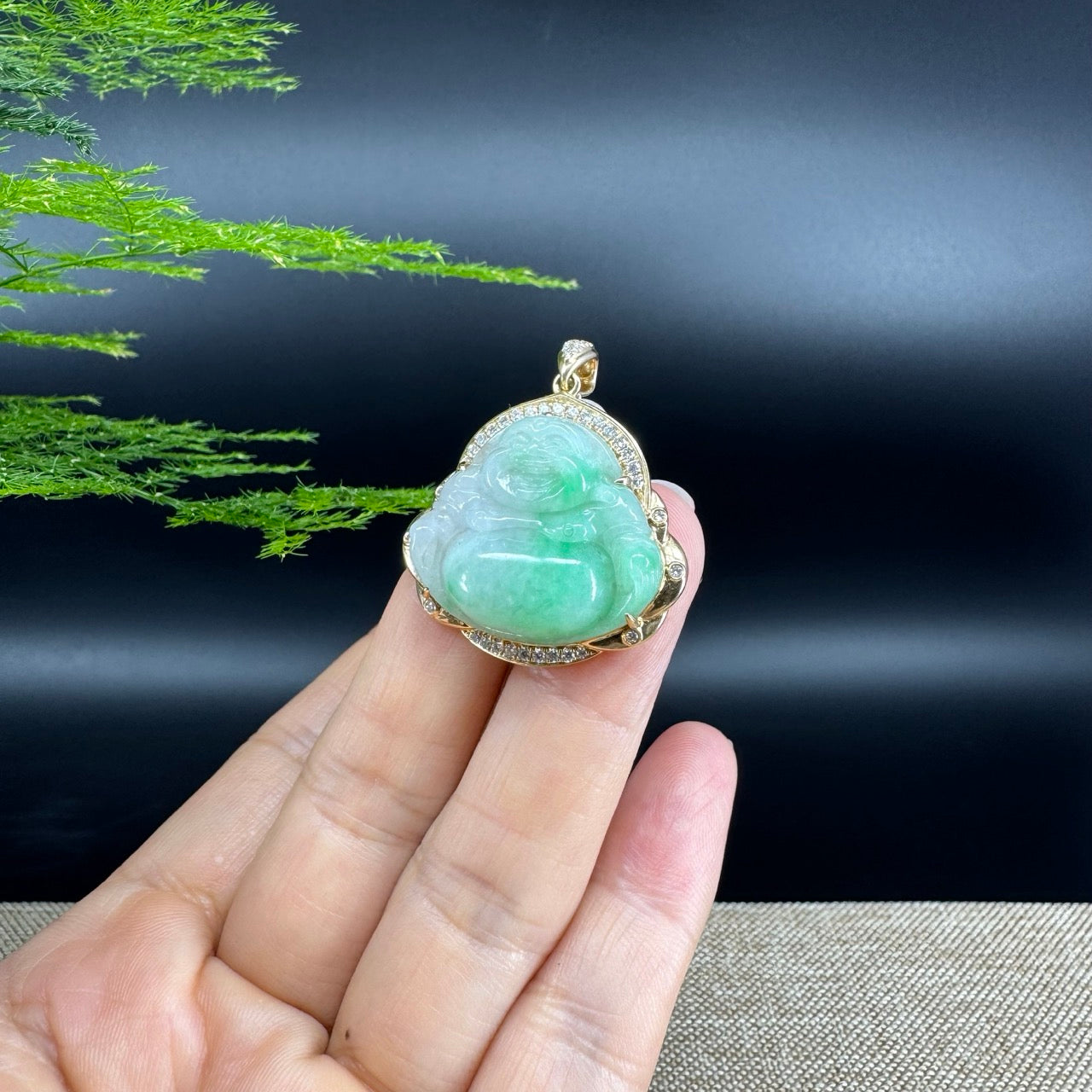 14K Yellow Gold Burmese Green Jadeite Jade Happy Buddha Pendant