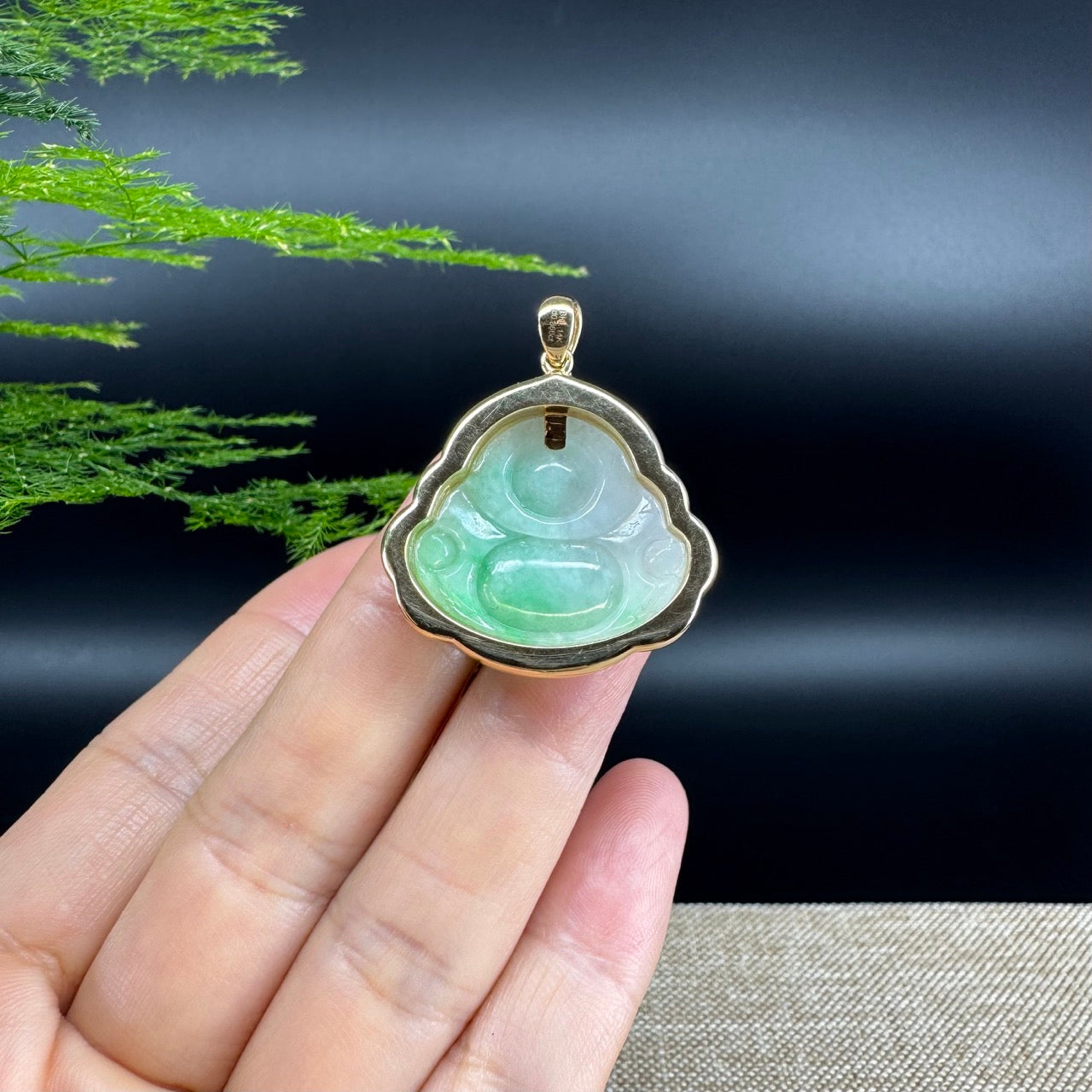 14K Yellow Gold Burmese Green Jadeite Jade Happy Buddha Pendant