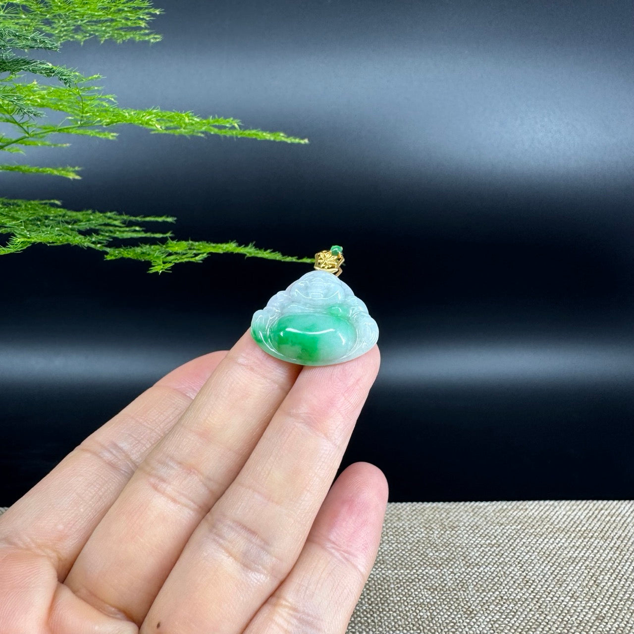 18K Yellow Gold Burmese Green Jadeite Jade Happy Buddha Pendant