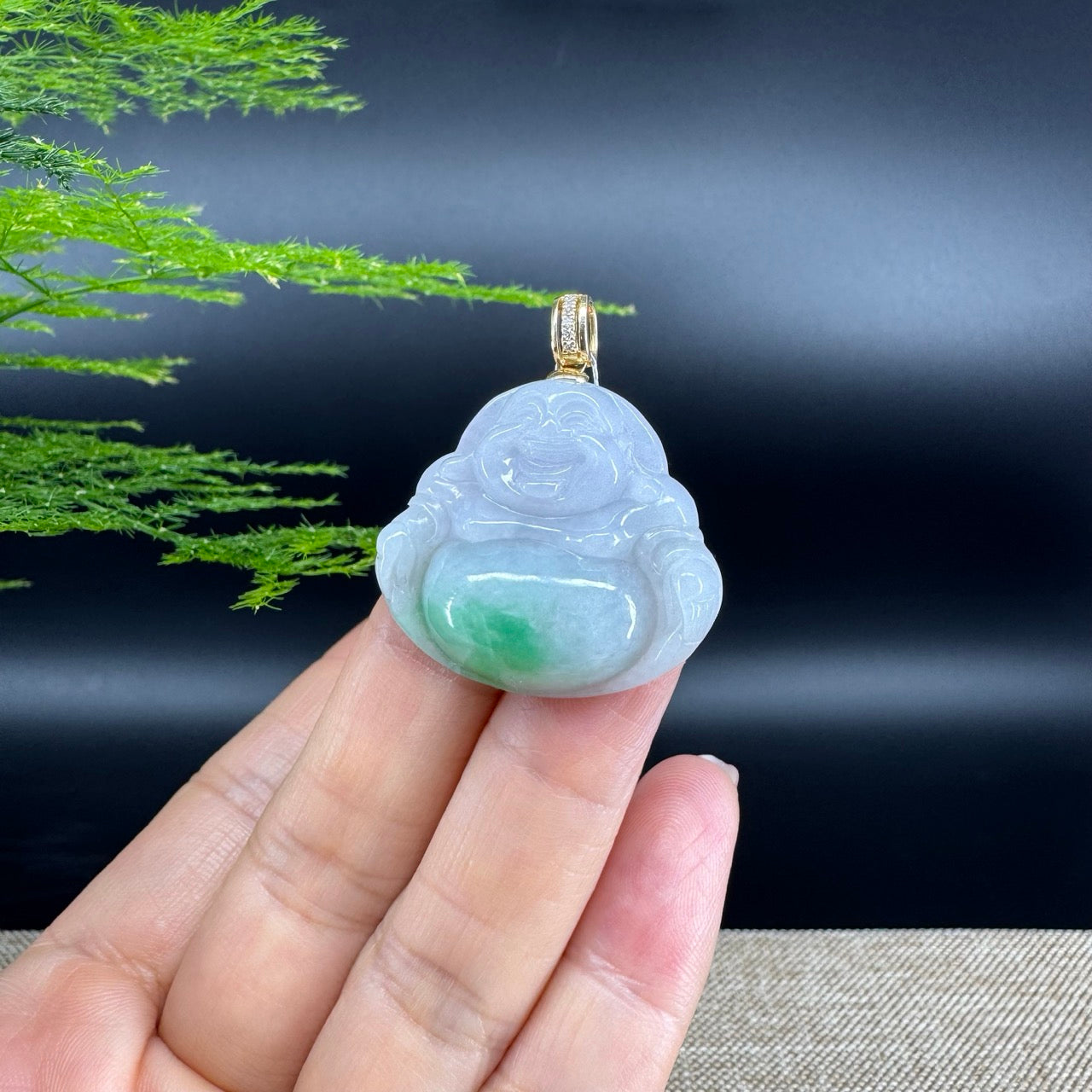 Burmese White Green Jadeite Jade Happy Buddha Pendant