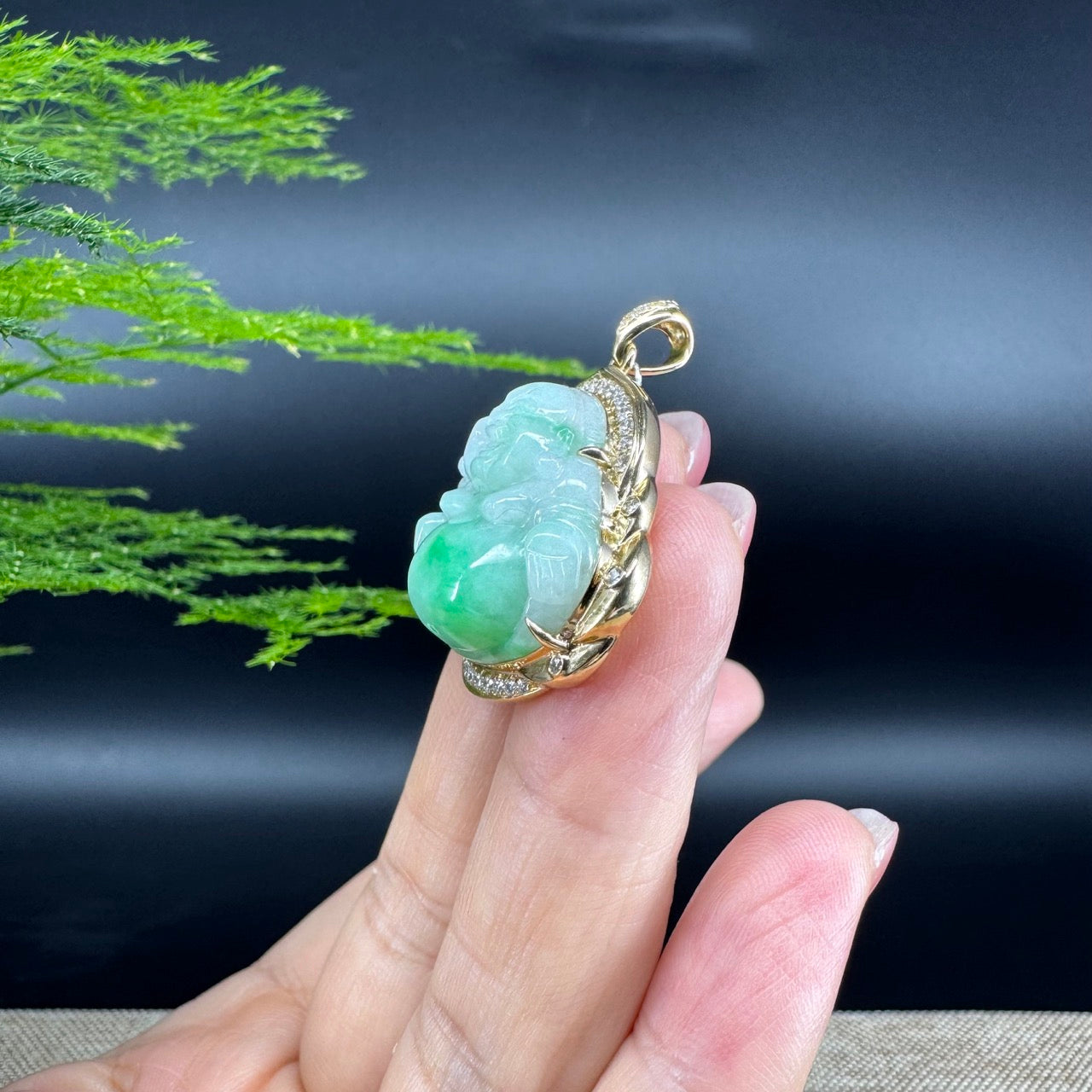 High-end 18K Yellow Gold Burmese White Green Jadeite Jade Happy Buddha Pendant with Diamond