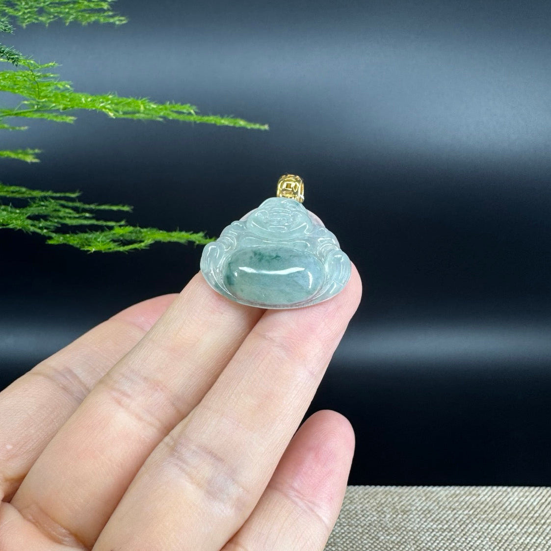 18K Yellow Gold Burmese Icy Green Jadeite Jade Happy Buddha Pendant