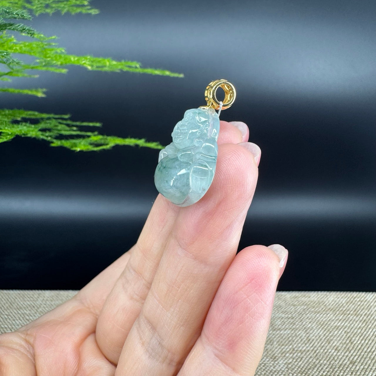 18K Yellow Gold Burmese Icy Green Jadeite Jade Happy Buddha Pendant