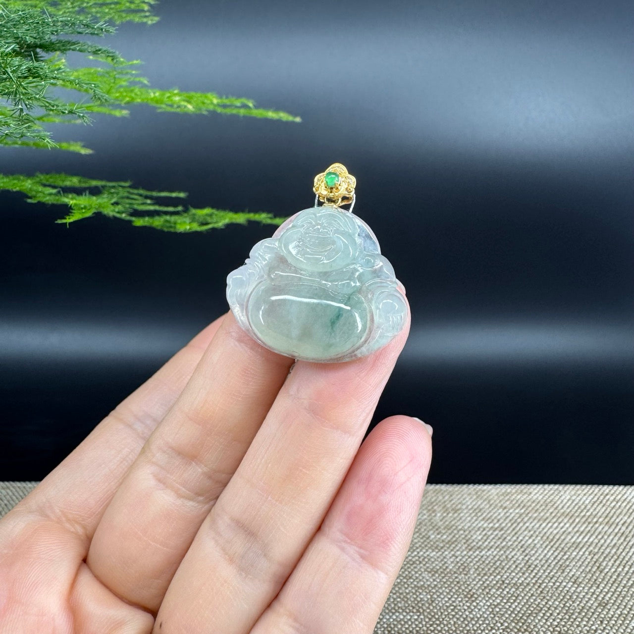 18K Yellow Gold Burmese Icy Green Jadeite Jade Happy Buddha Pendant