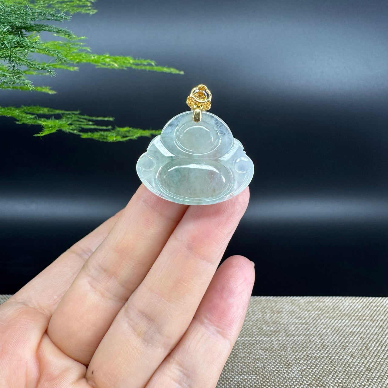 18K Yellow Gold Burmese Icy Green Jadeite Jade Happy Buddha Pendant