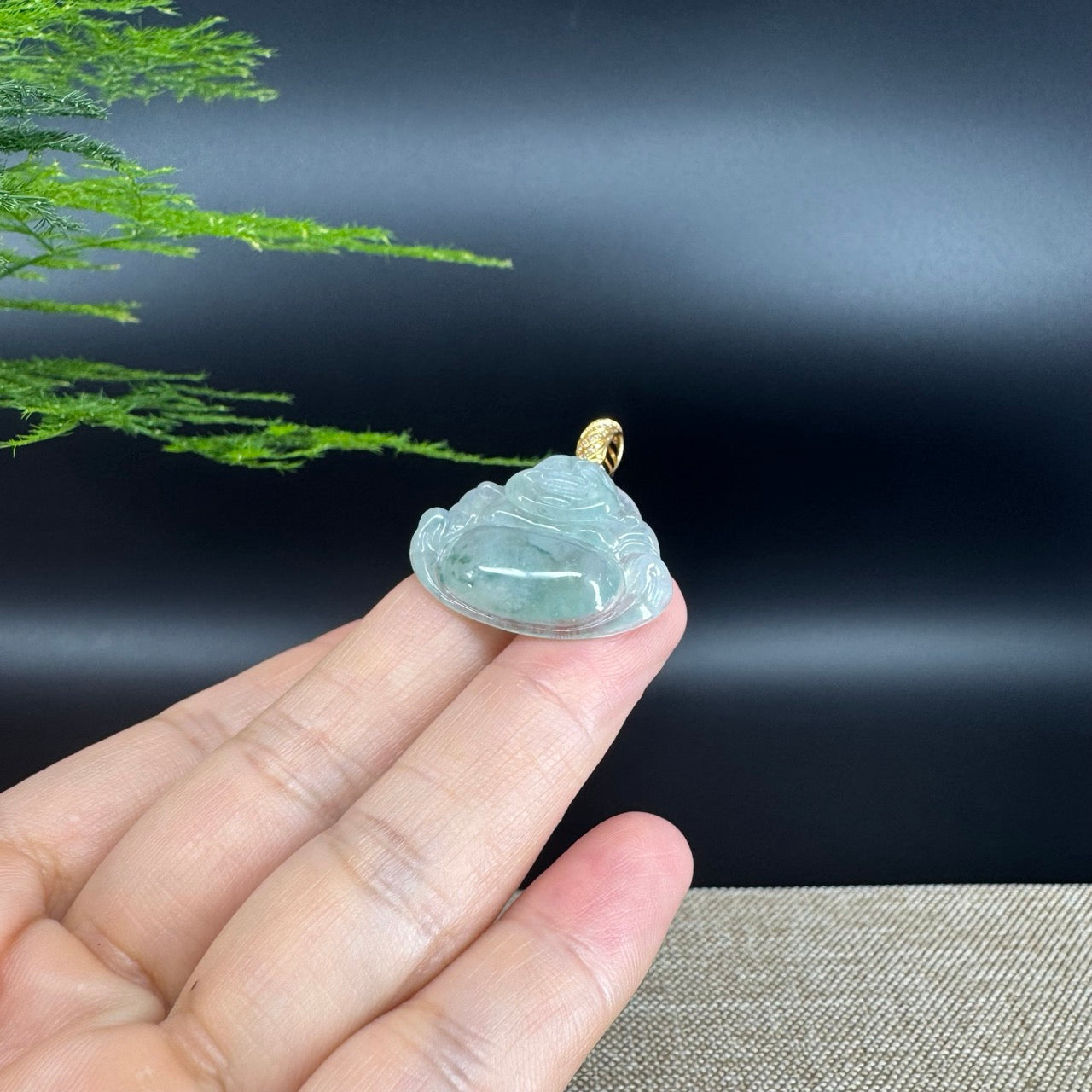 18K Yellow Gold Burmese Icy Green Jadeite Jade Happy Buddha Pendant