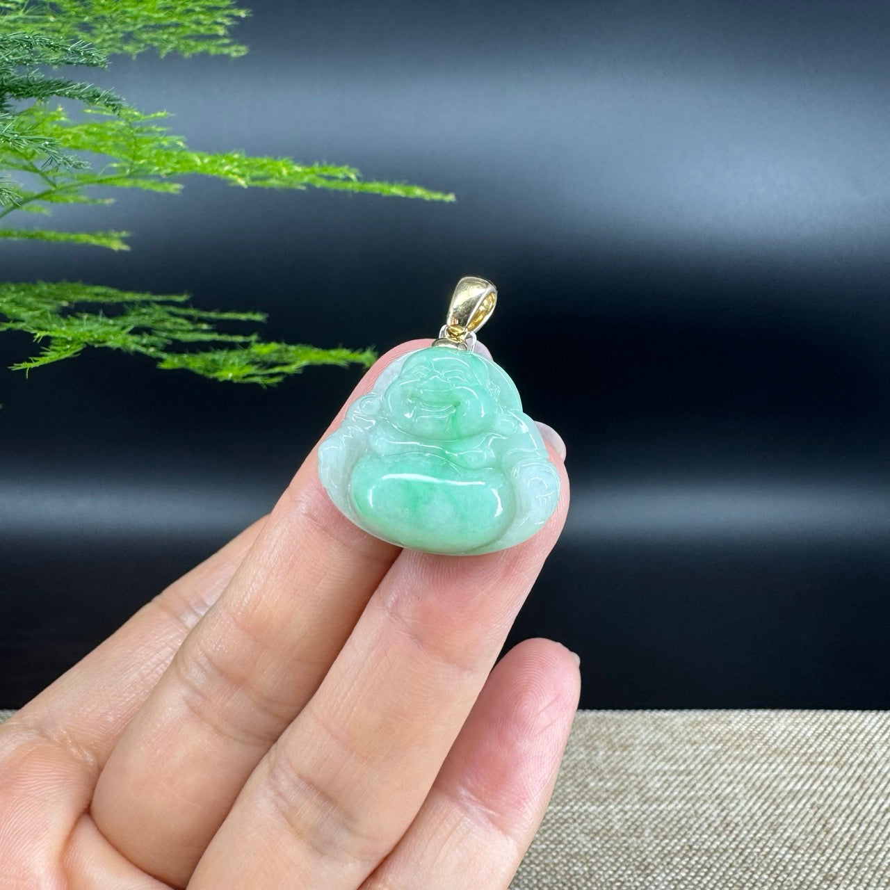 14K Yellow Gold Burmese Green Jadeite Jade Happy Buddha Pendant