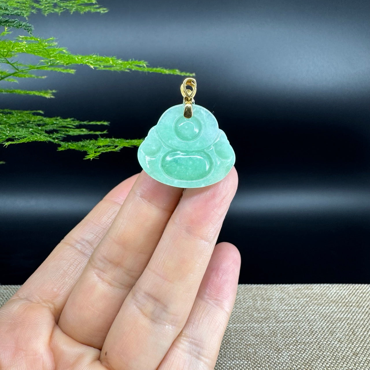 18K Yellow Gold Burmese Green Jadeite Jade Happy Buddha Pendant
