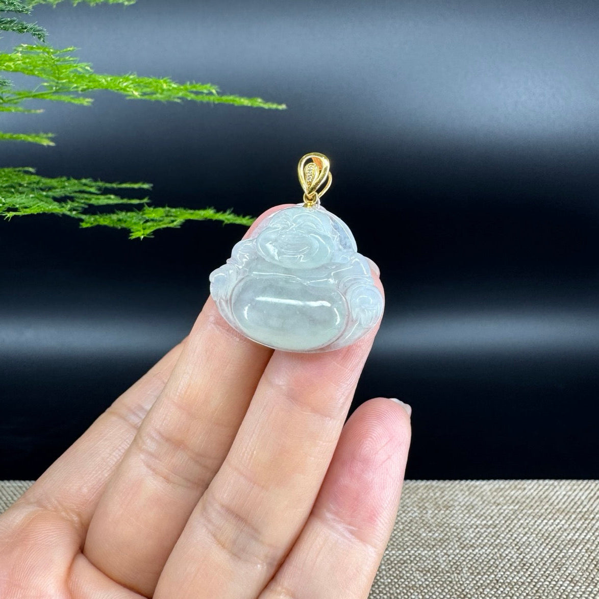 18K Yellow Gold Burmese Icy Green Jadeite Jade Happy Buddha Pendant