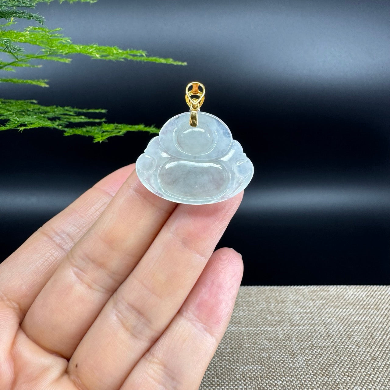 18K Yellow Gold Burmese Icy Green Jadeite Jade Happy Buddha Pendant