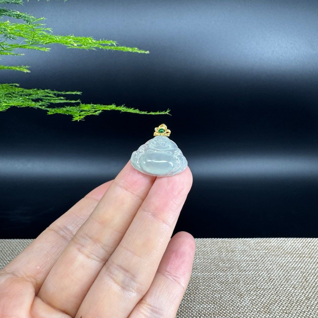 18K Yellow Gold Burmese Icy Jadeite Jade Happy Buddha Pendant