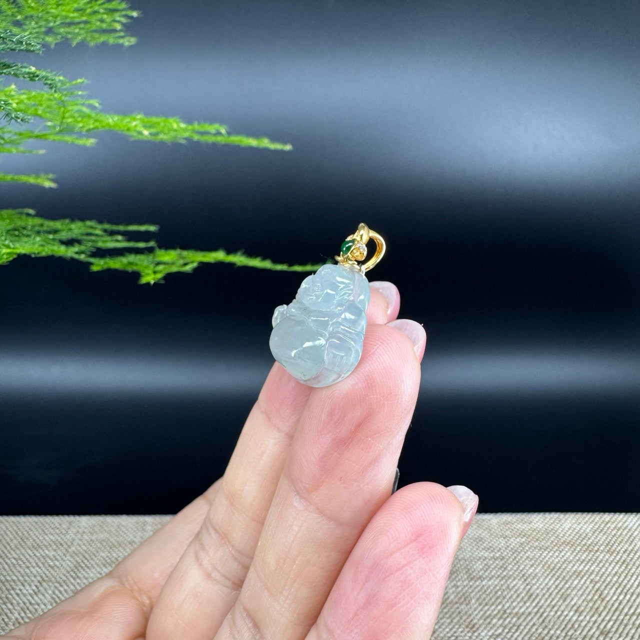 18K Yellow Gold Burmese Icy Jadeite Jade Happy Buddha Pendant