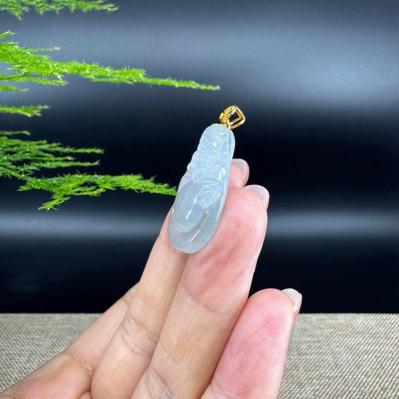 Burmese Icy Jadeite Jade Money Saint Pendant With 18K Yellow Gold Money Bail