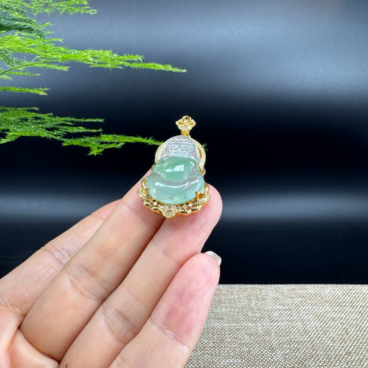 High-end 18K Yellow Gold Burmese Icy Apple Green Jadeite Jade Guanyin Pendant with Diamond