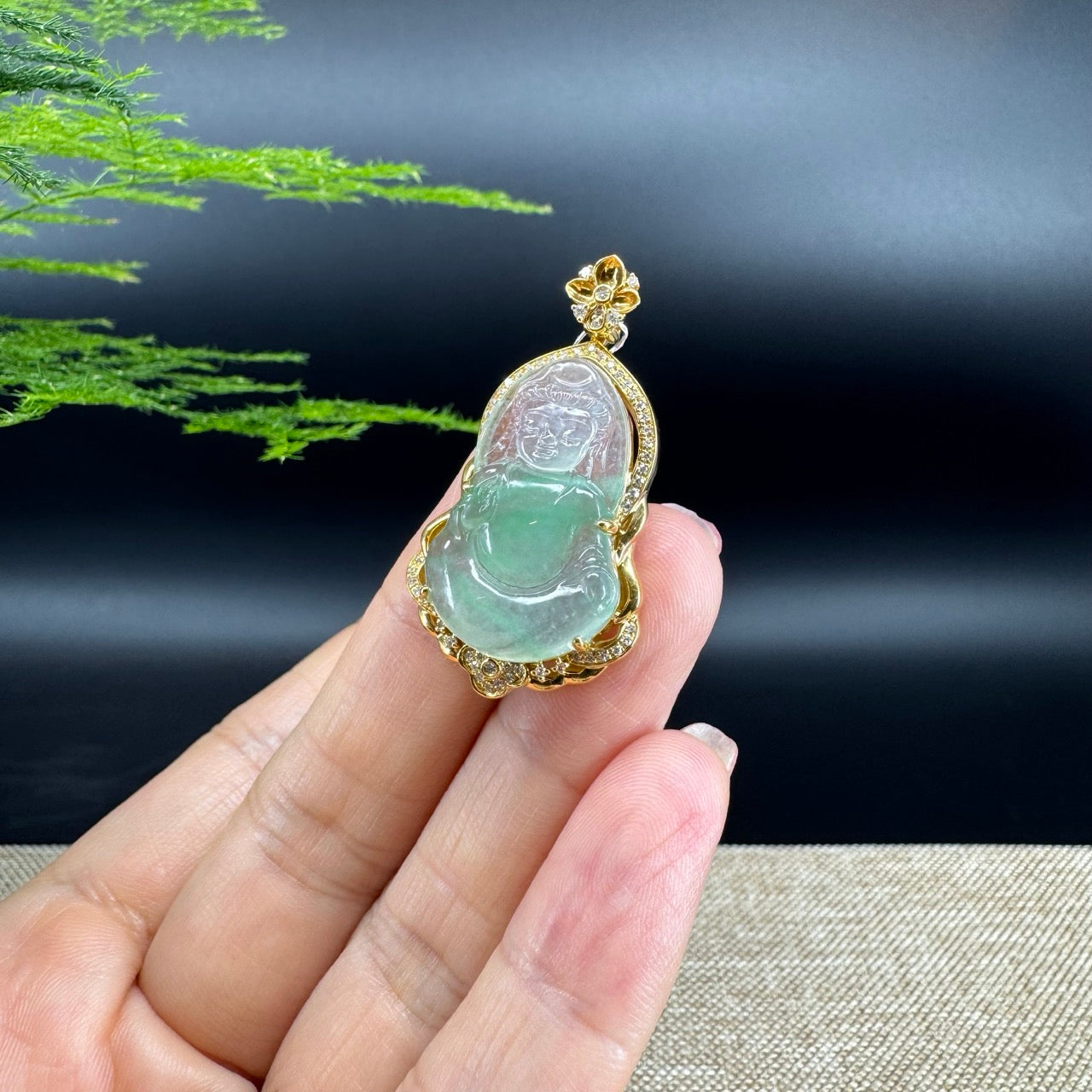High-end 18K Yellow Gold Burmese Icy Apple Green Jadeite Jade Guanyin Pendant with Diamond
