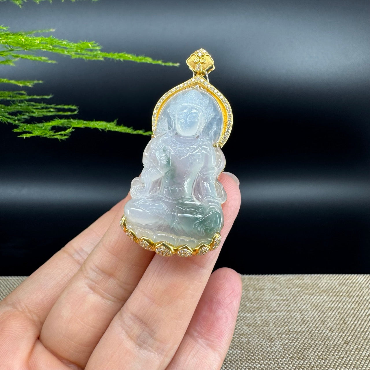 RealJade® 18K Yellow Gold Genuine Luxury Icy Green Jade Guanyin Pendant Necklace With Diamonds