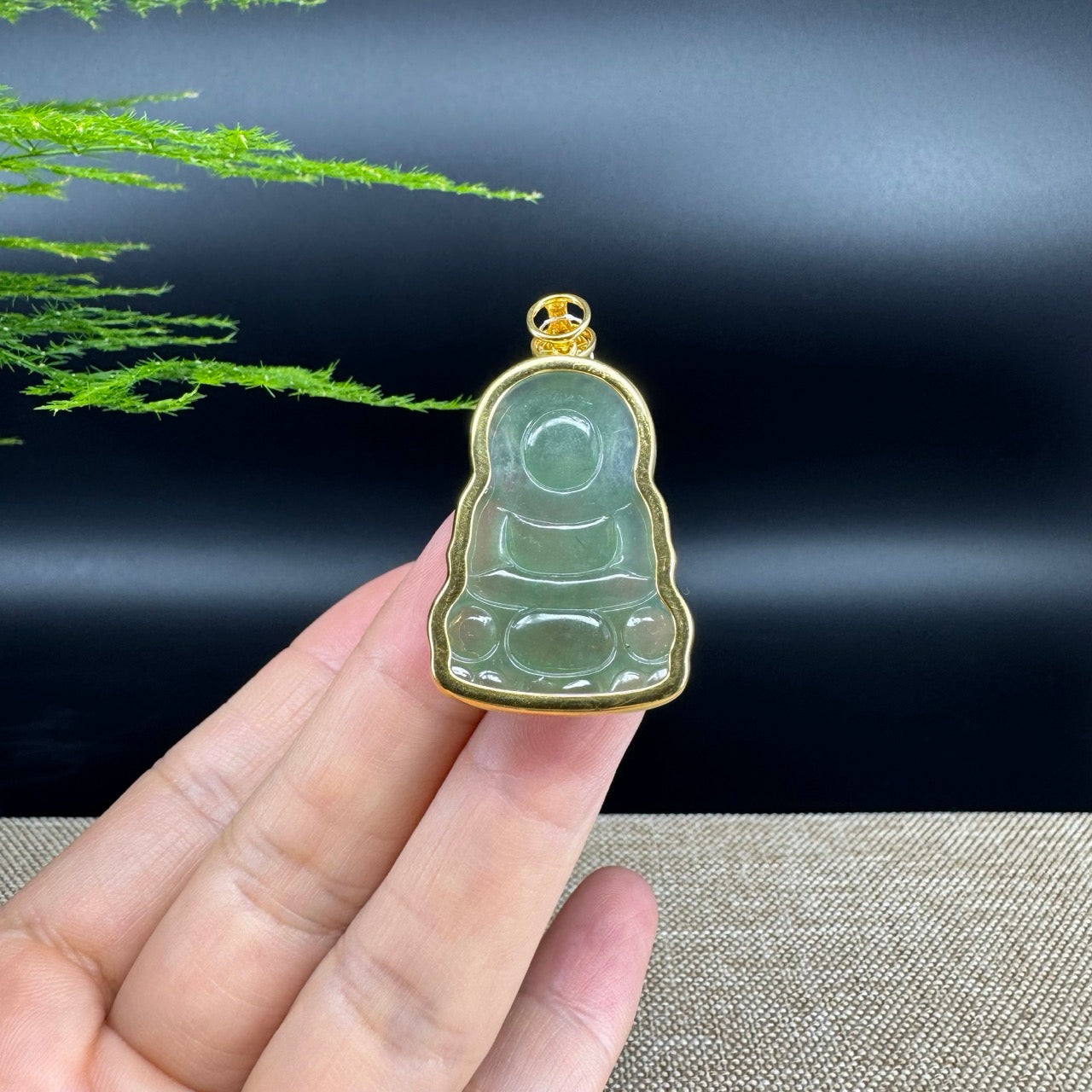 "Goddess of Compassion" 18k Yellow Gold Genuine Burmese Jadeite Jade Guanyin Necklace With Good Luck Design