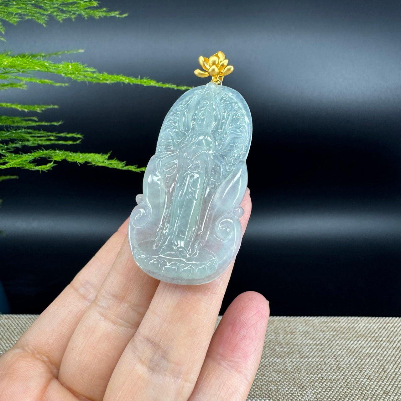 RealJadeCo. 18K Yellow Gold & Genuine Ice Jadeite Thousand-Hand Guanyin Pendant Necklace