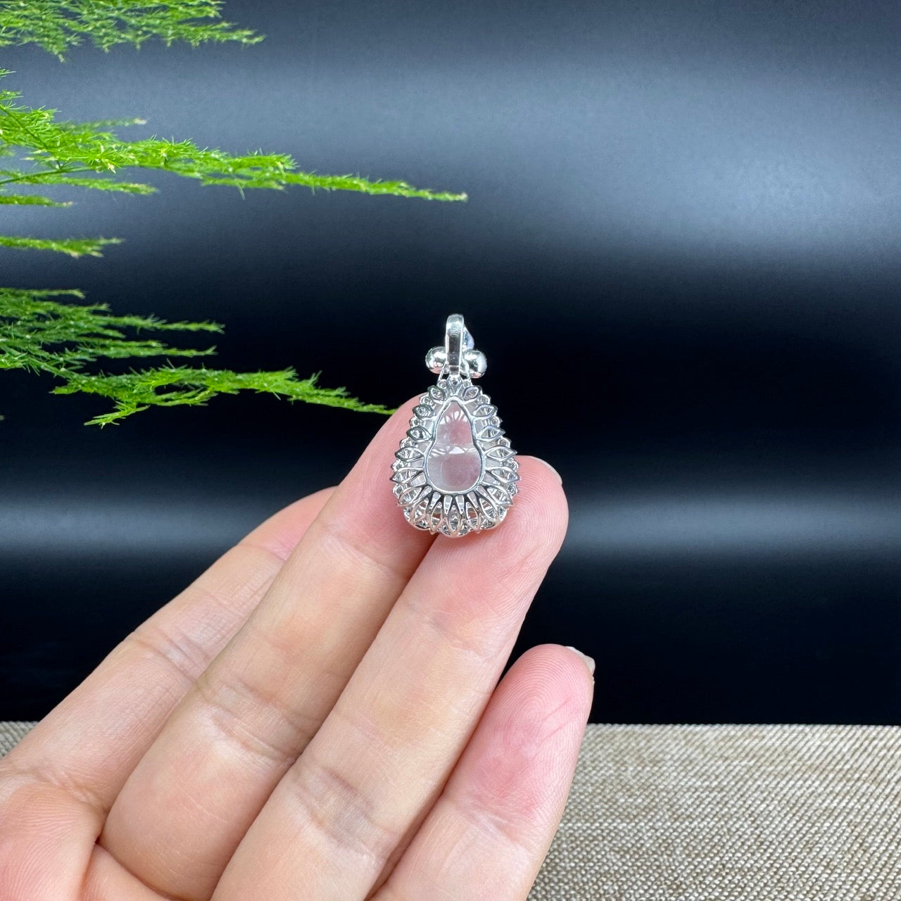 RealJade® Co. Genuine Icy Jadeite Jade Good Luck Hulu Bottle Gourd Necklace With 18K White & Yellow Gold Bail