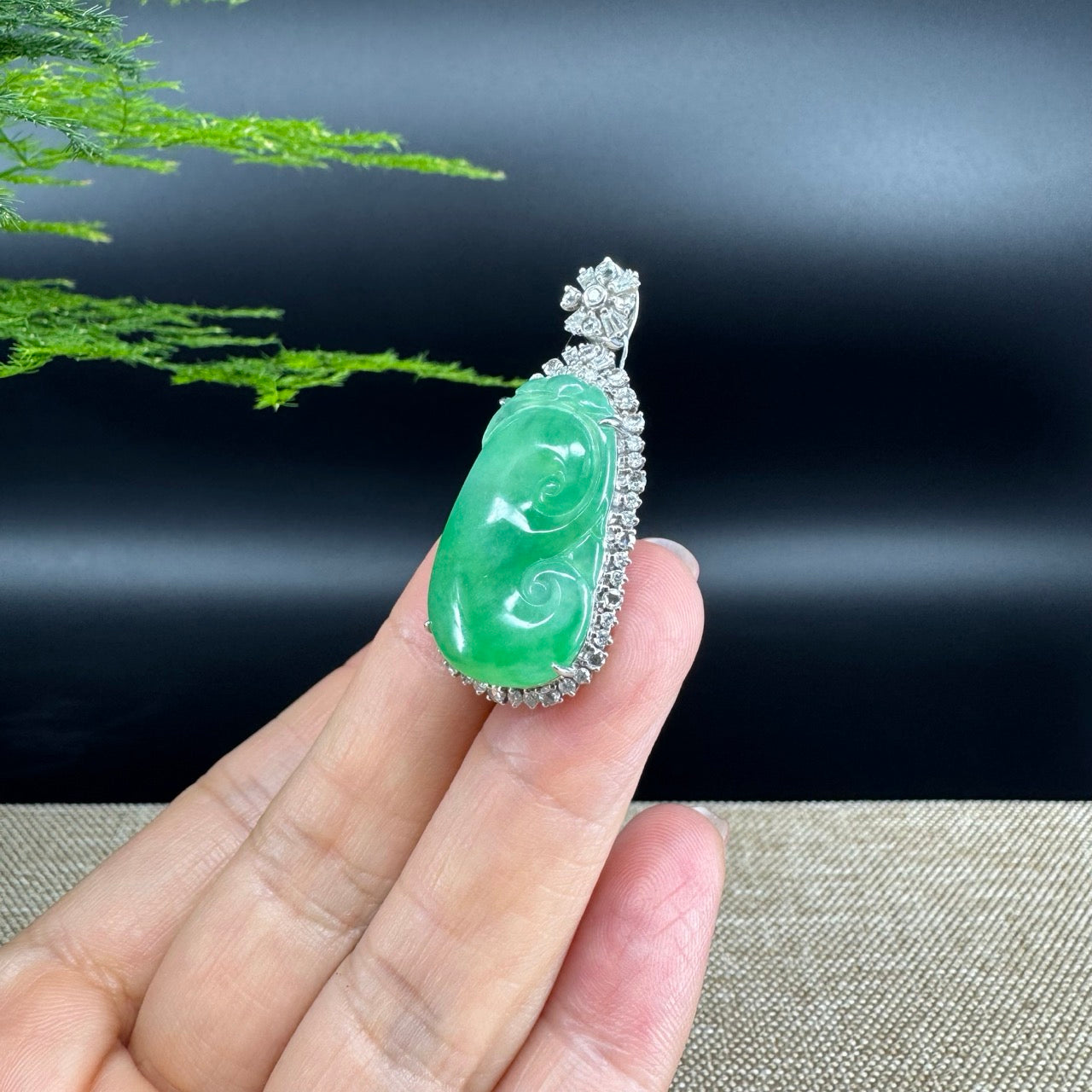 RealJade® Co. Genuine Burmese Green Jadeite Jade RuYi Pendant with 18k White Gold Diamond Bail