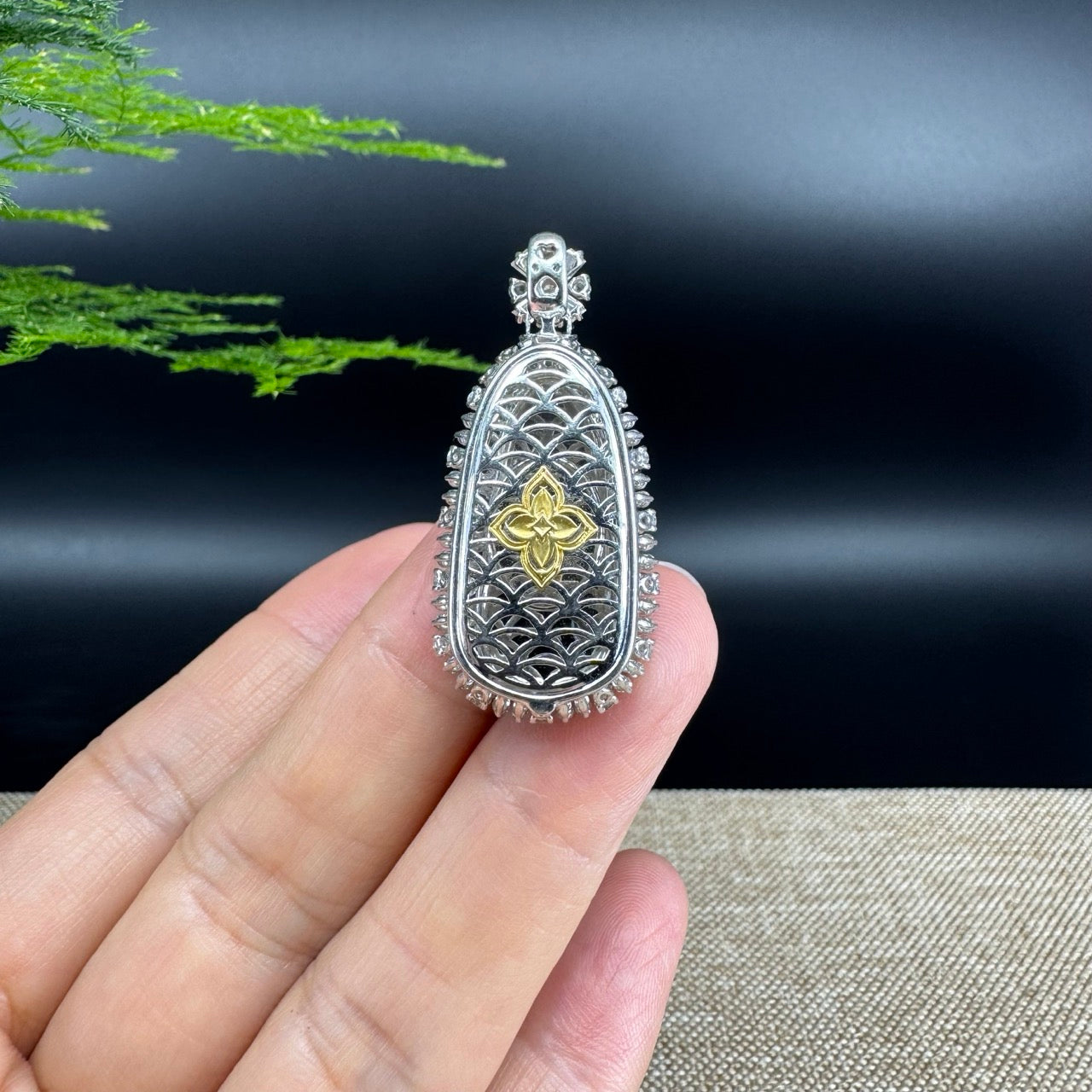 RealJade® Co. Genuine Burmese Green Jadeite Jade RuYi Pendant with 18k White Gold Diamond Bail