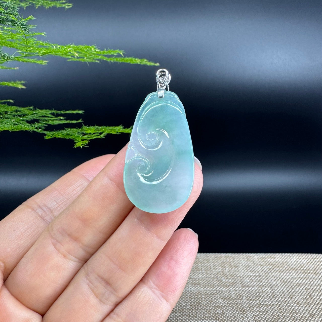 RealJade® Co. Genuine Icy Green Jadeite Jade Good Luck RuYi Necklace W