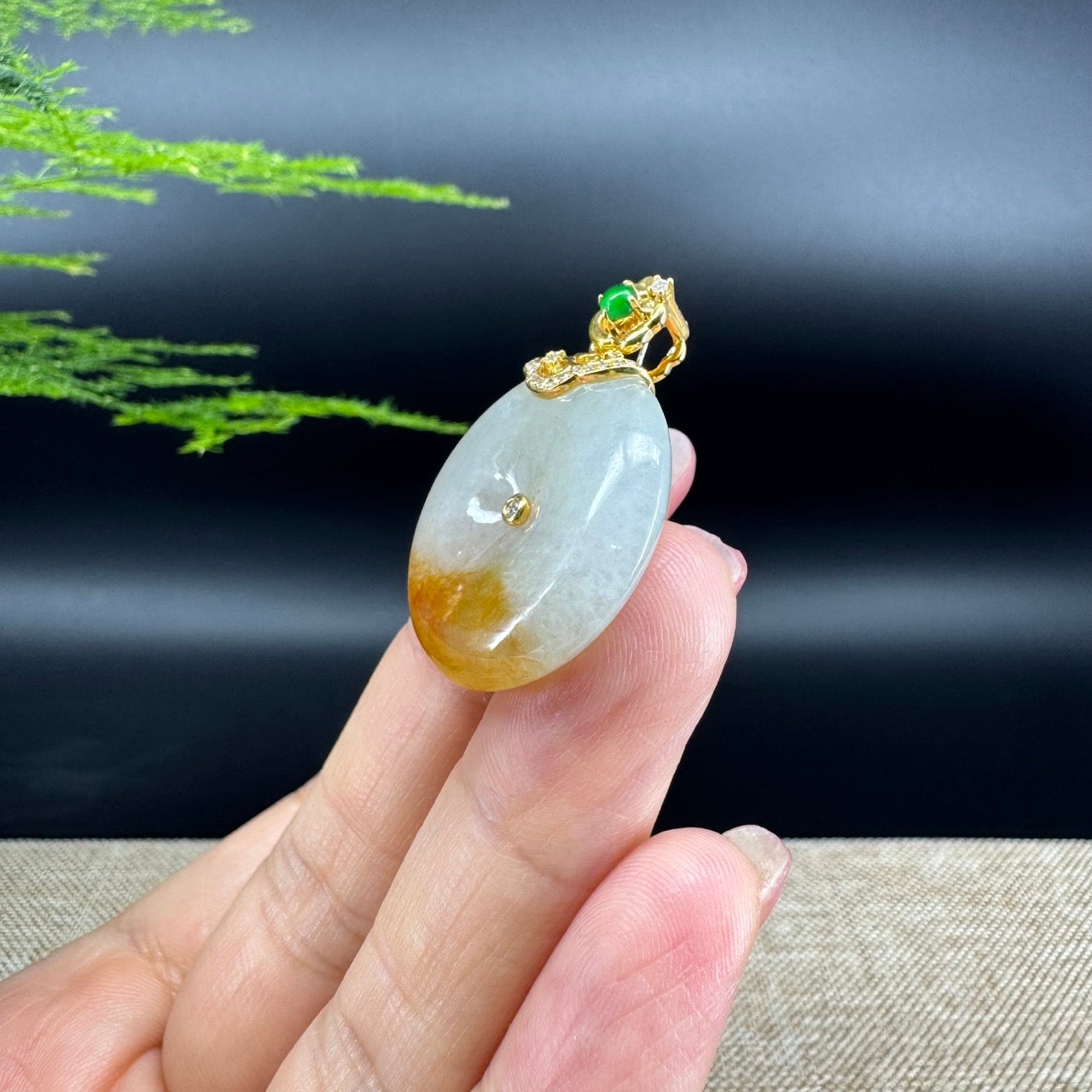 "Good Luck Button"Icy Bronze Yellow Jadeite Jade Lucky KouKou Pendant With 18K Yellow Gold Diamonds Bail