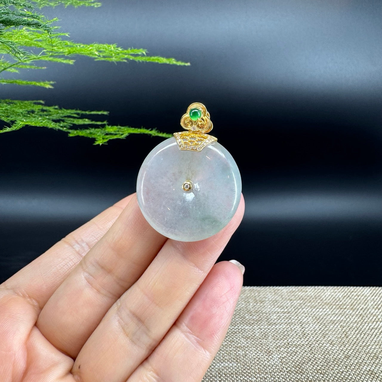 "Good Luck Button" Icy Green Jadeite Jade Lucky KouKou Pendant With 18K Yellow Gold Diamonds Bail